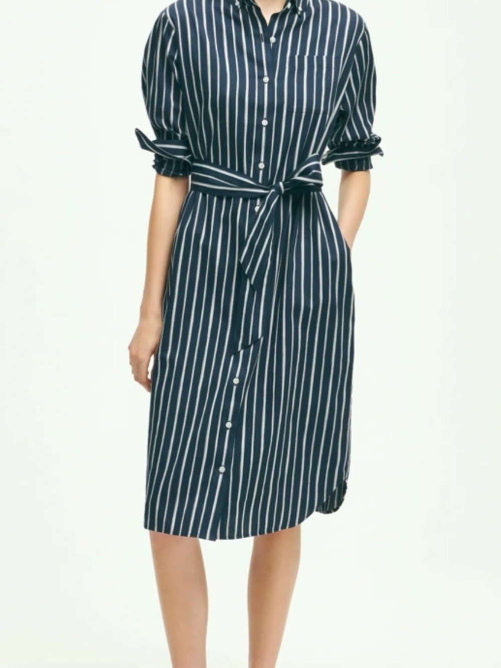 BROOKS BROTHERS Striped Mock Neck Pleated Shirt Dress